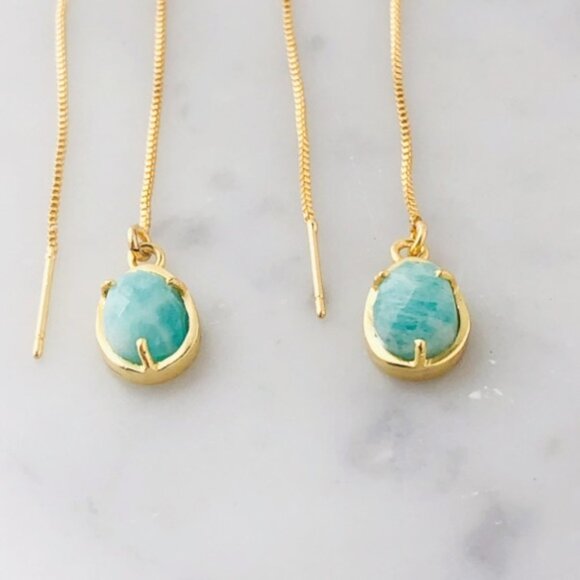 Gold Plated Green Amazonite Egg Shape Threader Earrings - Picture 5 of 7